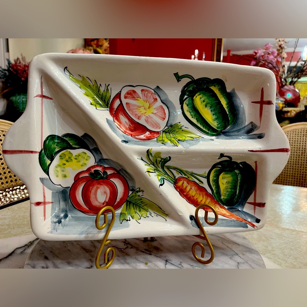 Vtg Italy Ceramic Divided Serving Tray Hand-Painted Vegetables, Italian made